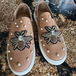 Olivia Miller Tan and White Flats with Bee Embroidery